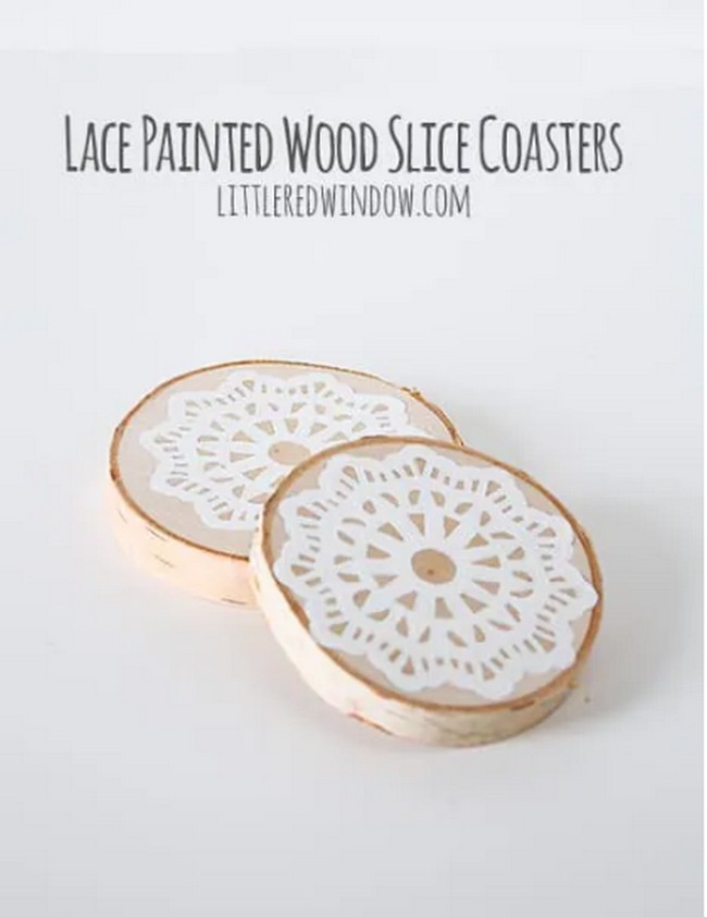 Lace Painted Wood Slice Coasters
