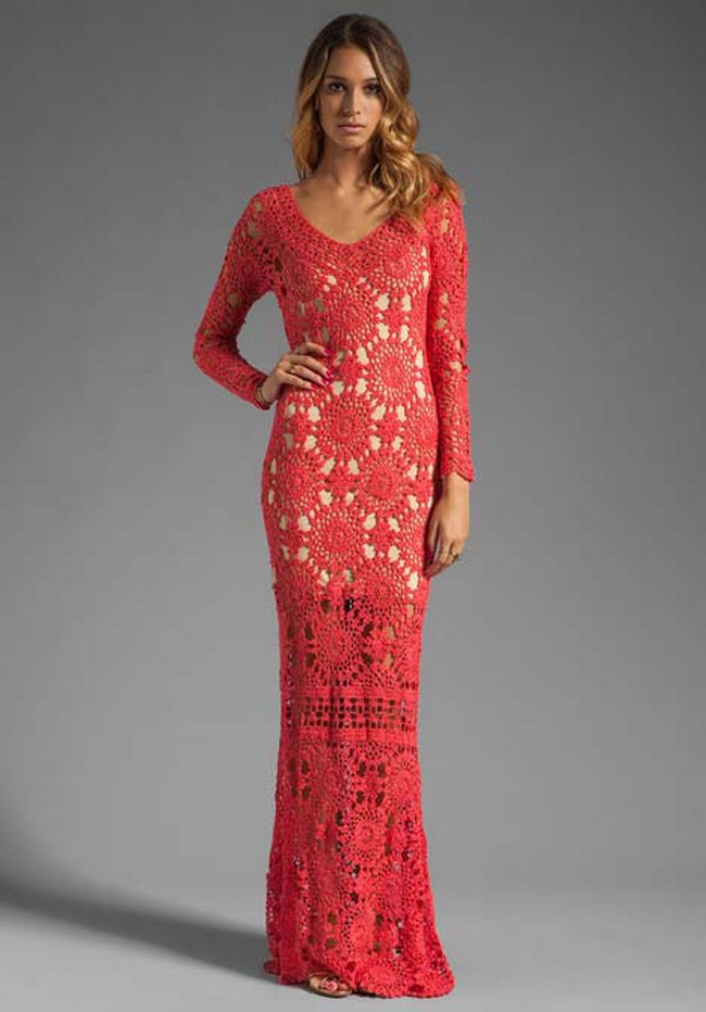 Long Red Crochet Dress With Motifs