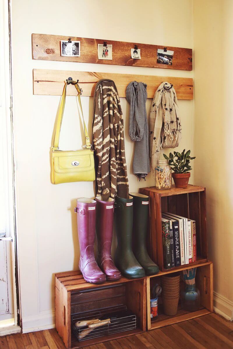 A rustic mudroom