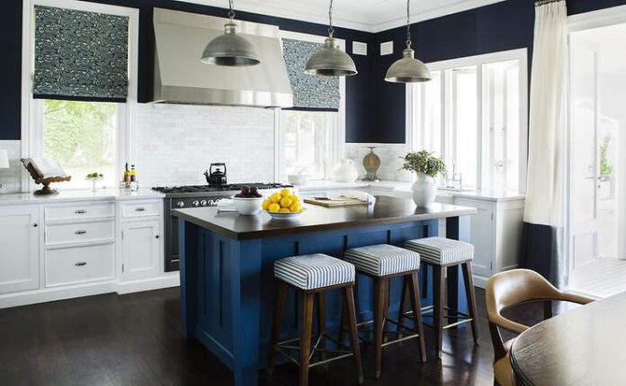 BLUE KITCHEN ISLAND WITH WOODEN COUNTERTOPS AND A TOUCH OF BLACK