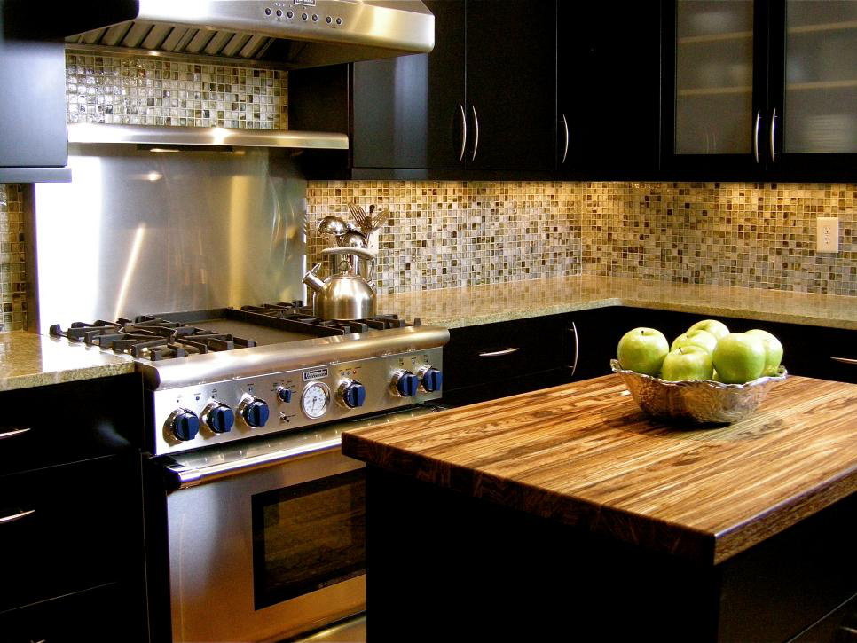 Black Kitchen Cabinets with Marble Backsplash