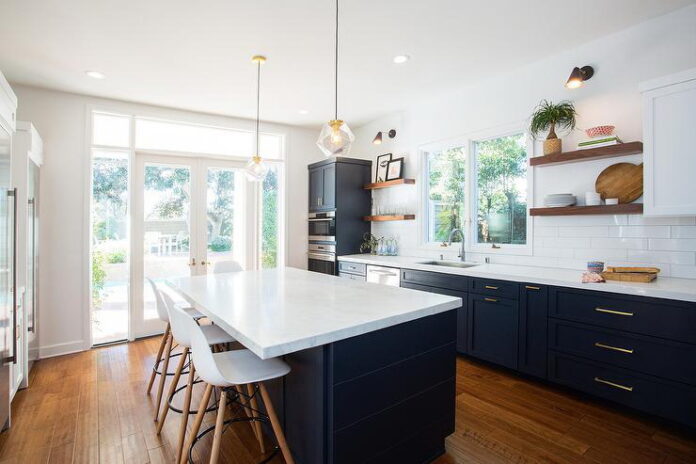 Blue Kitchen Island With Marble Top