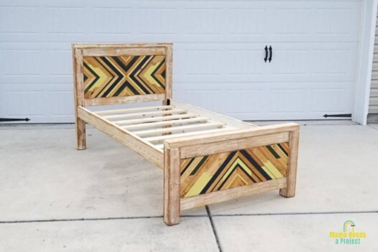 DIY Twin Bed Frame with Geometric Wood Art
