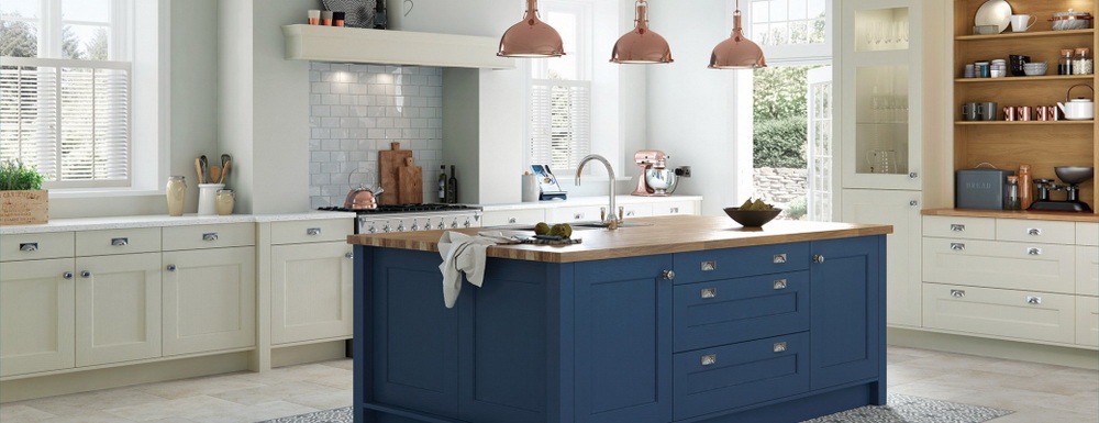 PAIR BLUE CABINETRY WITH CAMBRIA SUMMERHILL FOR A KITCHEN ISLAND