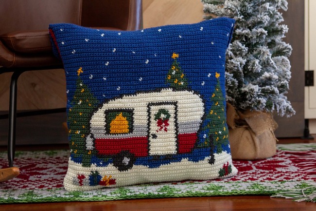 Holiday Camper Crochet Pillow