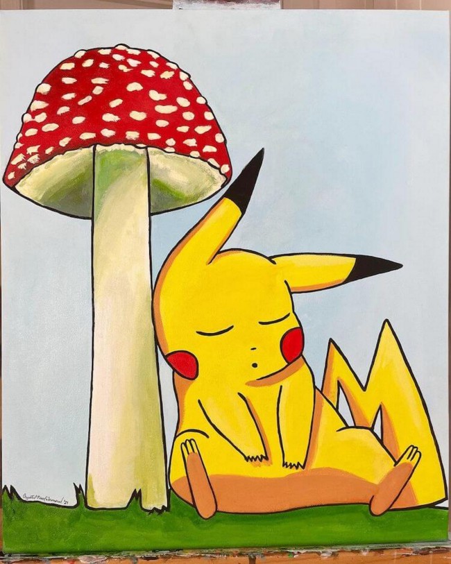 Pikachu Resting Under Mushroom