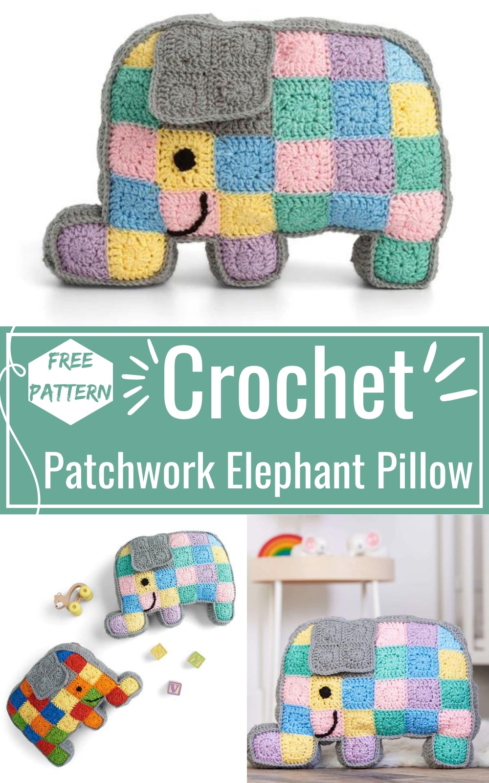 Crochet Patchwork Elephant Pillow