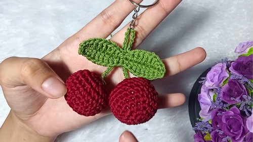 Crochet Cherry Keychain Pattern 8
