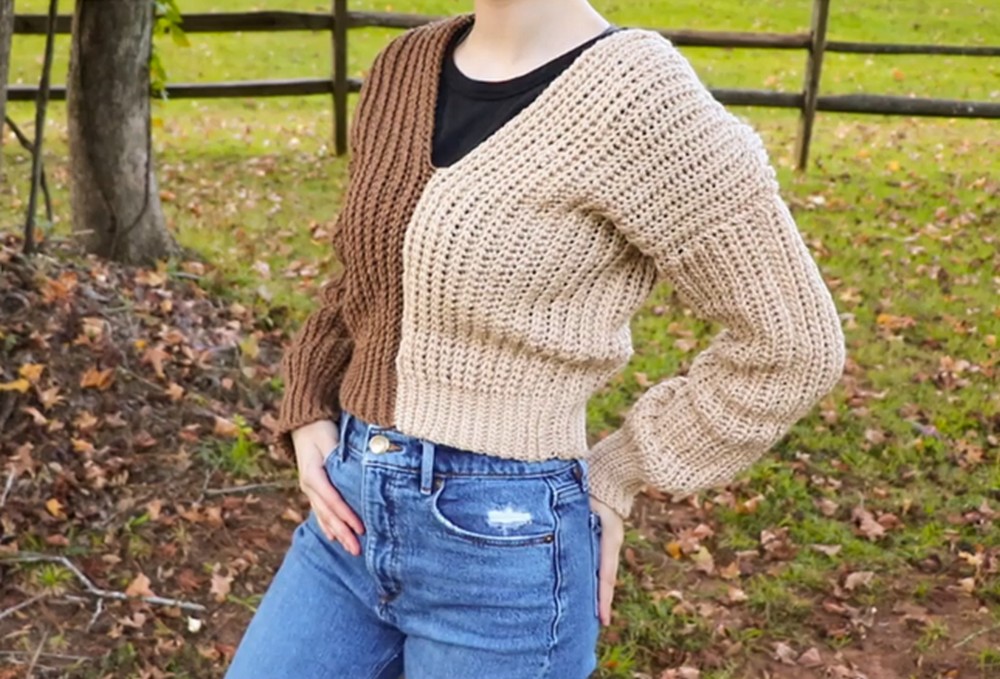 Crochet Two Tone Knit-look Fall Sweater 1