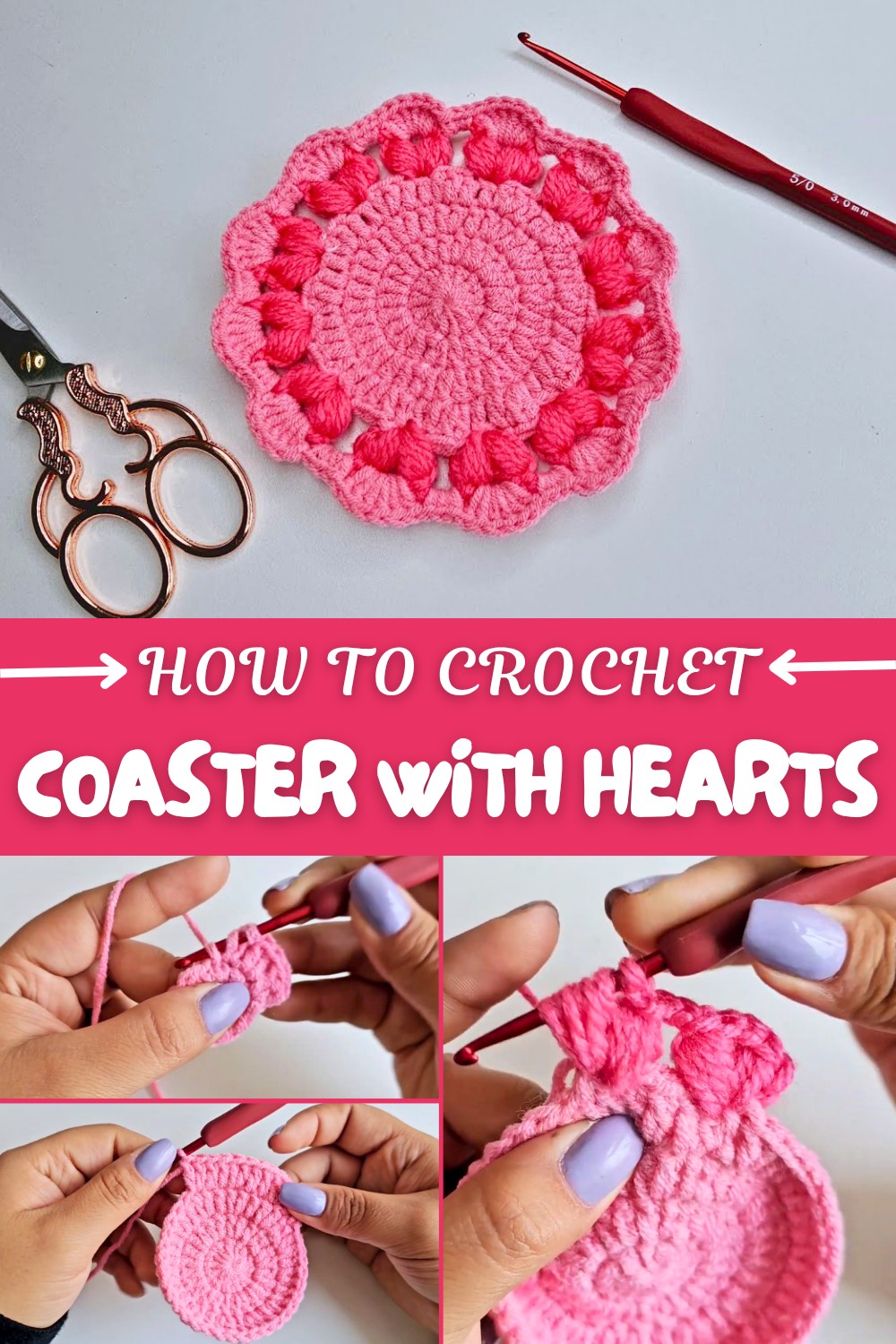 Cute Crochet Coaster With Hearts Pattern