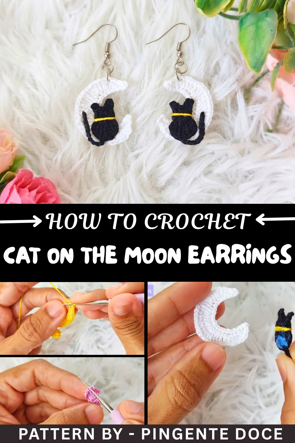 How to Crochet Cat on the Moon Earrings